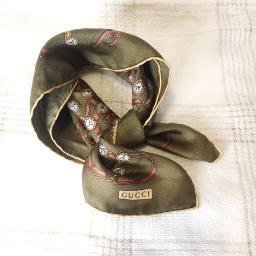 GUCCI Vintage OlivevGreen Silk Wrist Watch Clock Scarf Handkerchief - Picture 10 of 16